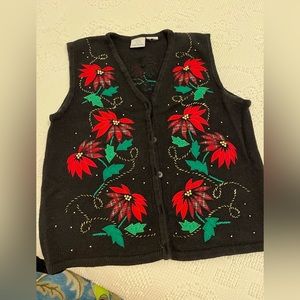 Bobbie Brooks Beaded Poinsettia “Ugly Sweater”Vest, Christmas, Holiday, M/L GUC